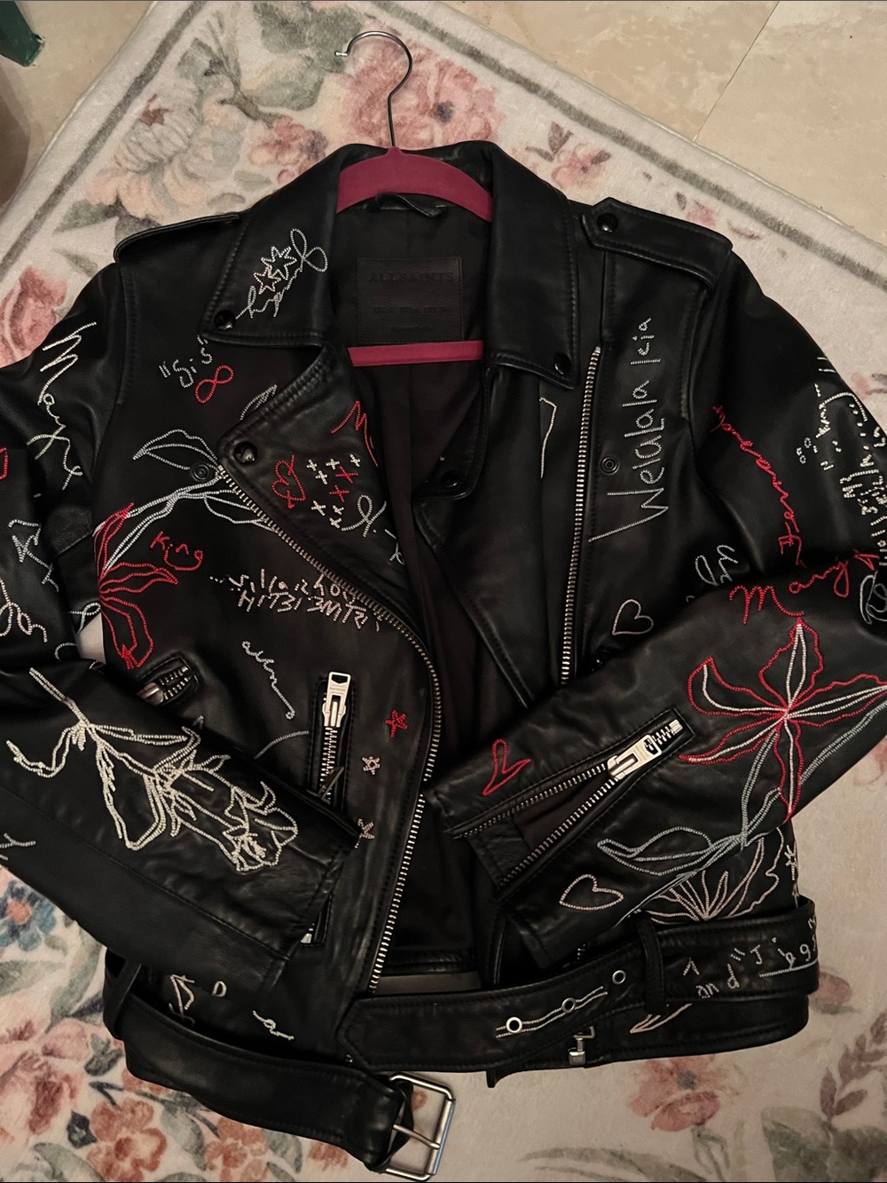 All Saints Black Leather Embroidered Moto Jacket with Red & White Accents